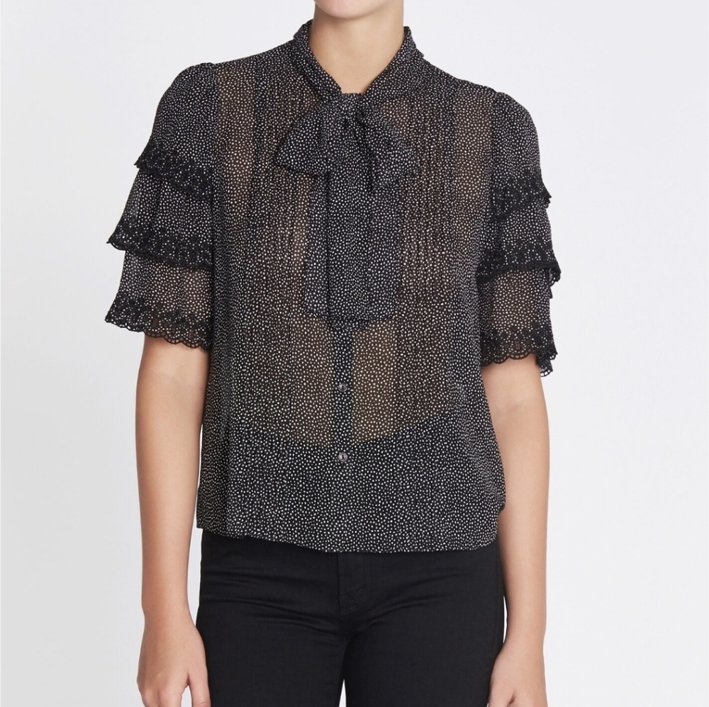 Rebecca Taylor Pebble Print Silk Chiffon Ruffle Top Size 8